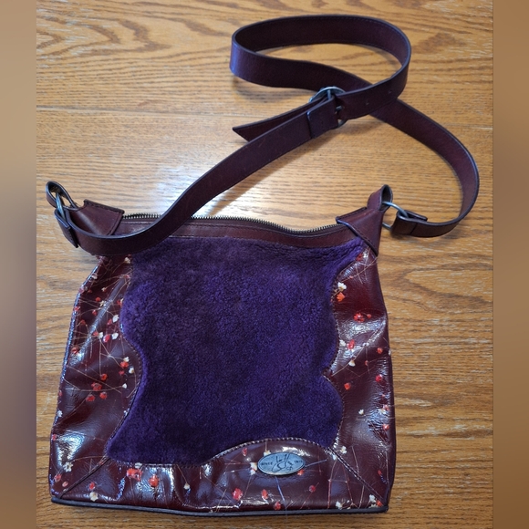 John Fluevog Floral Burgundy Shearling Sling Bag Purse - Picture 15 of 15